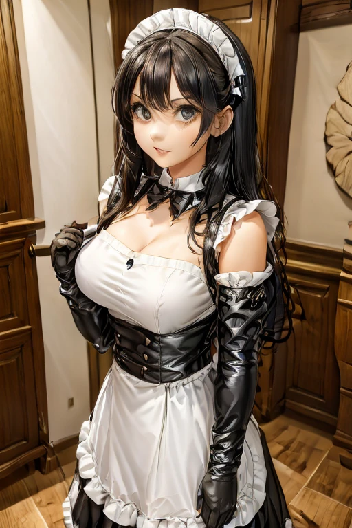Highest quality, masterpiece, Ultra-high resolution, (Realistic: 1.4), RAW Photos, 1 girl, British maid, Frill Maid Headband, ponytail, Braided hair, Victorian style black dress, Ribbon tie, White apron, Micro Mini Skirt, Puff sleeves, White silk stockings, Black strap shoes, Glowing Skin, Stand politely with your legs straight, A hallway with dark green and gray wallpaper, In a stately mansion bedroom