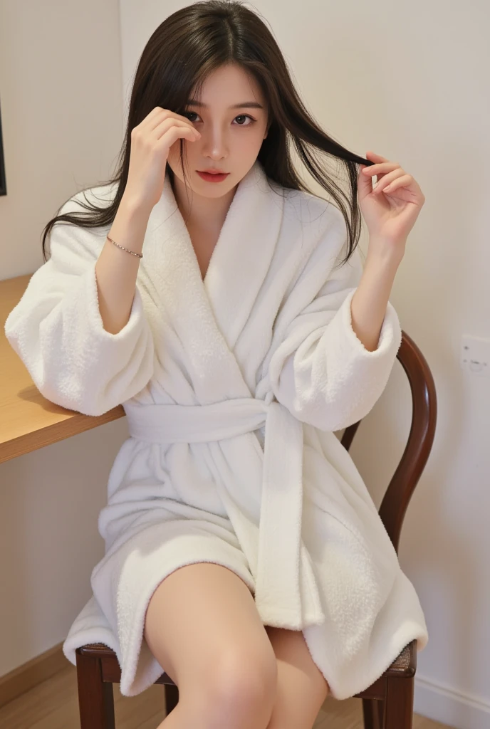 ((top-quality、8K))、focus:1.2、perfectbodybeauty:1.4、s ass:1.2、Highly detailed facial and skin texture、full bodyesbian、Hollow eyes、Whitened skin、length hair、cute little、(bathrobe)