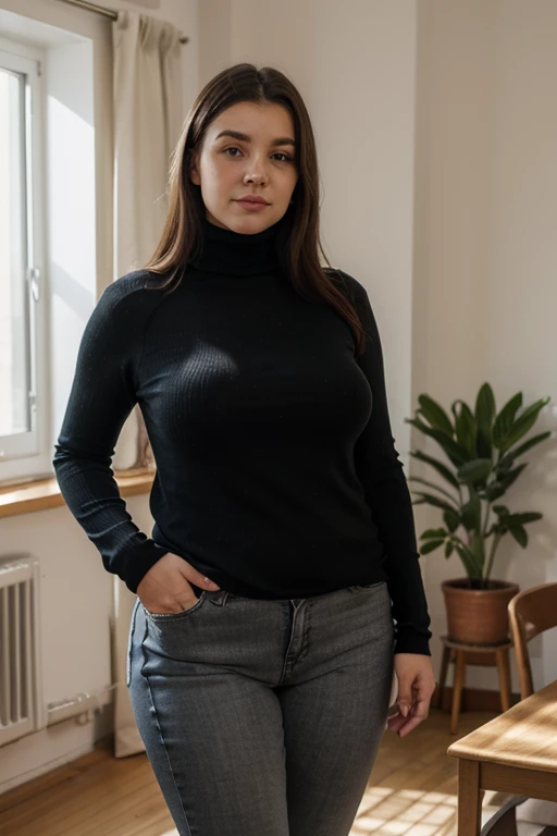Full body photo of a 35-year-old Israeli beauty , Rough type, plump woman, #10: Messy Brunette Bun, , turtleneck sweater, Grey tight skirt scarf, Sexy Skirt, Black tights and black pantyhose sitting on a chair seductively , dream, Curvy hourglass figure, OPPEIN PROPORTION, Severely exaggerated proportions of short skirts and tight skirts