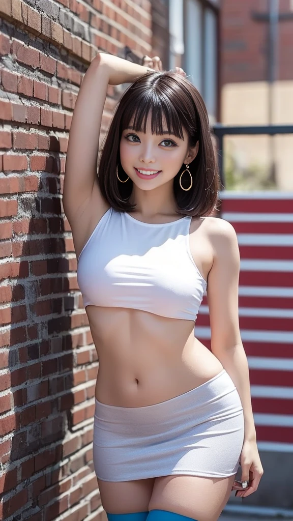 (girl with:1.3), poneyTail, Amazing face and eyes, stares at the camera,Smile full of joy、show teeth、Show the armpits、squat with your legs wide open、dynamicposes, Vibrant poses,(crop top and denim shorts:1.2)、Wear sneakers:1.4, extremely detailed CG unified 8k wallpaper, Highly detailed, High-definition raw color photos, professional photograpy,face forwards,Shot in the studio, girl withのセクシーなポートレート