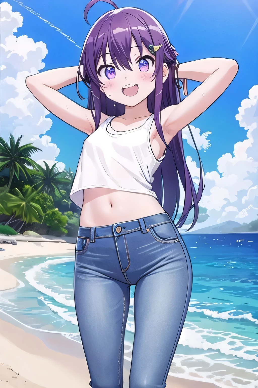 masterpiece, best quality, ultra detail, ((Perfect Face, perfect eyes, perfect hair, perfect arm)), 1girl, , petite, ((round face, ecstasy, orgasm face, drooping eyes, shame smiling, blush)), dropping eyes, sleepy, Open mouth, ((White teeth)), background((under the beach, (day:1.2), ocean, bright sky)), miku hatsune, ahoge, (purple eyes:1.2), (dark purple hair:1.2), crossed bangs, hair between eyes, hair ornament, (long hair:1.4), (straight hair:1.7), ((arms behind head, hands behind head, fingers behind head)), ((contrapposto)), spread armpits, looking at viewer, (pink tank top:1.2), (pink crop top:1.2), (jeans pants:1.2, flares jeans:1.2, skinny jeans:1.2, blue jeans:1.2), standing, (legs spread:1.4), sex pose, Sweaty crotch, Steam from the crotch, from below, whole body