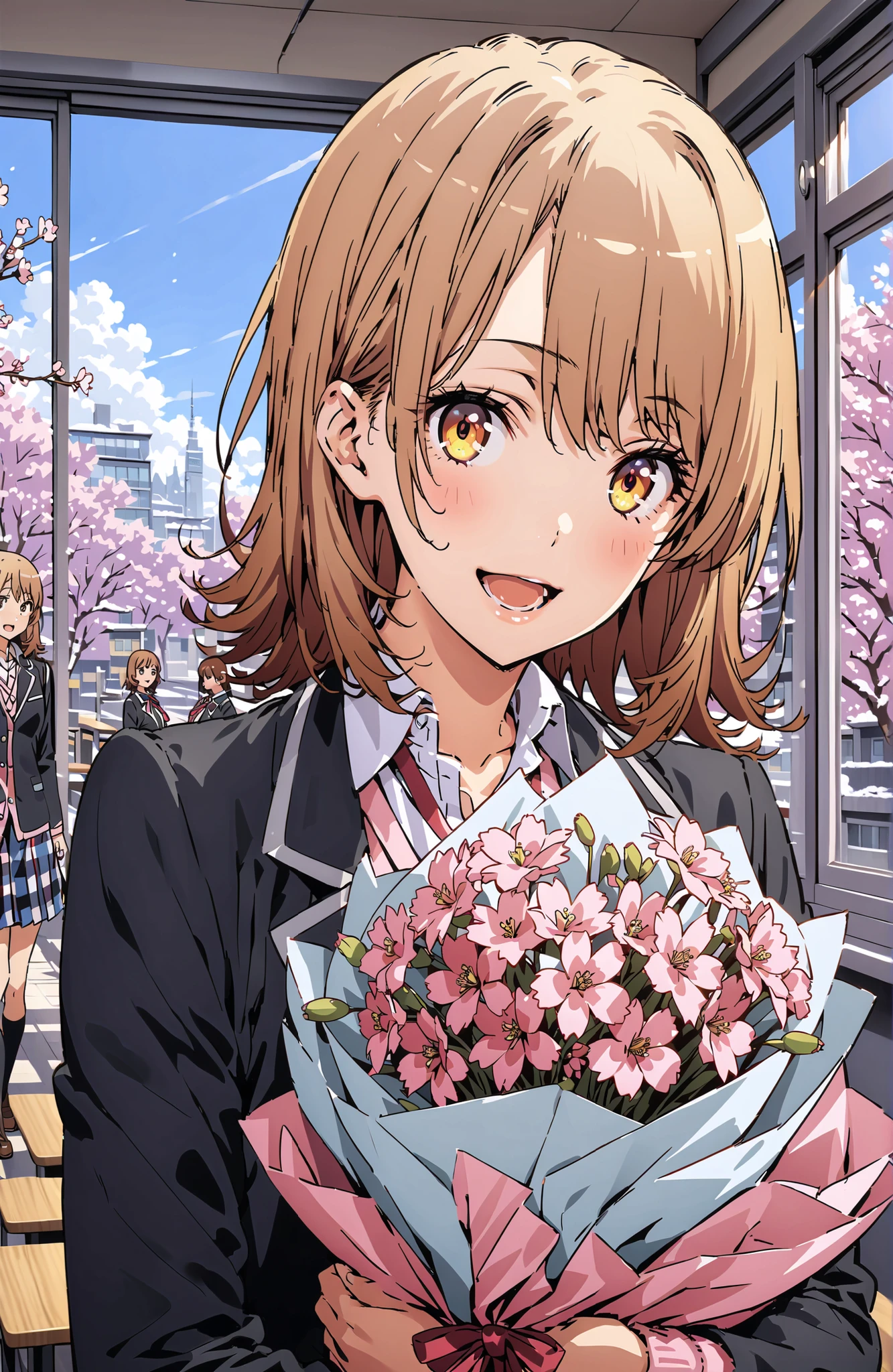 Irohaisshiki, Ishizaki Iroha, solo,short hair, brown eyes,brown hair,smile,blush,open your mouth,skirt for ears, shirt, ribbon, uniform, jacket, white shirt, opens clothes, open jacket, black jacket, plaid, plaid skirt for ears, blazer, cardigan,pink cardigan, sobu high uniform, Flower blowing snow,spring,cherry blossoms,Holding a bouquet of flowers with both arms,standing, Beautiful Streetscapes,window,curtains,noon,full bodyがillustrationsに入るように,break indoors, Classroom,
break looking at viewer,full body,
break (masterpiece:1.2), top quality, high resolution, Unity 8k 壁紙, (illustrations:0.8), (beautiful detailed eyes:1.6), Highly Detailed Faces, perfect lighting on the table, extremely detailed CG, (perfect hand, perfect anatomy),