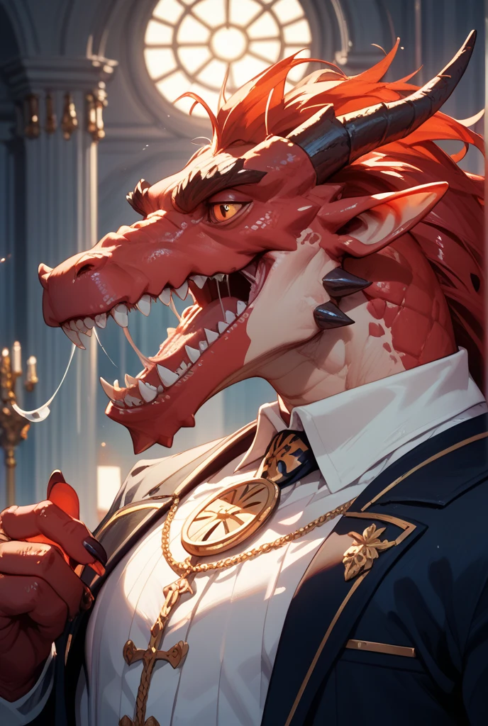 a man in a red cape and a red cape is standing in front of a stained window, dragon pope, god of dragons, picture of a male cleric, with scaly-looking armor, cleric, dnd fantsay art, epic rpg portrait, portrait of ninja slayer, martin ansin, highly detailed exquisite fanart, forsaken crocodile god, from dungeons and dragons, body guard,