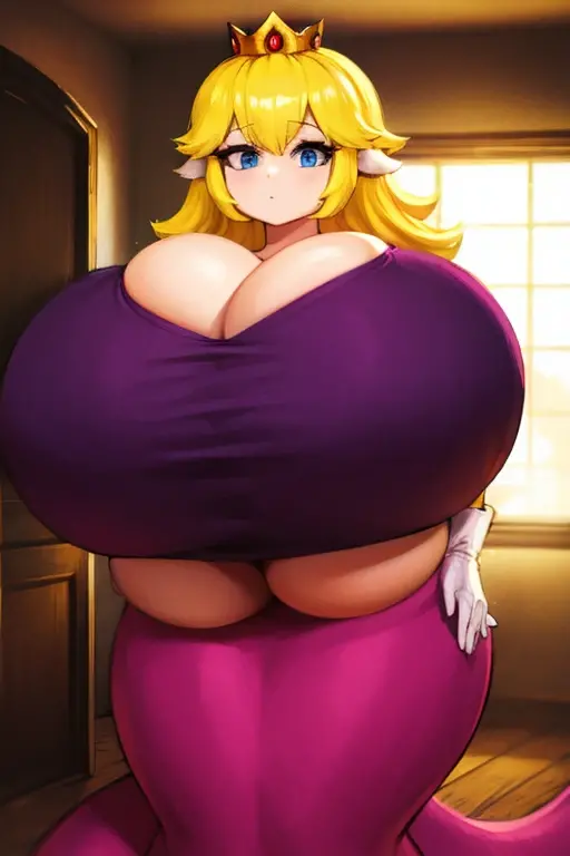 Obese, princess peach housewife, massive tits, huge pregnant belly, belly drop, bloated belly, big lips, big thighs, one navel, tiny bikini