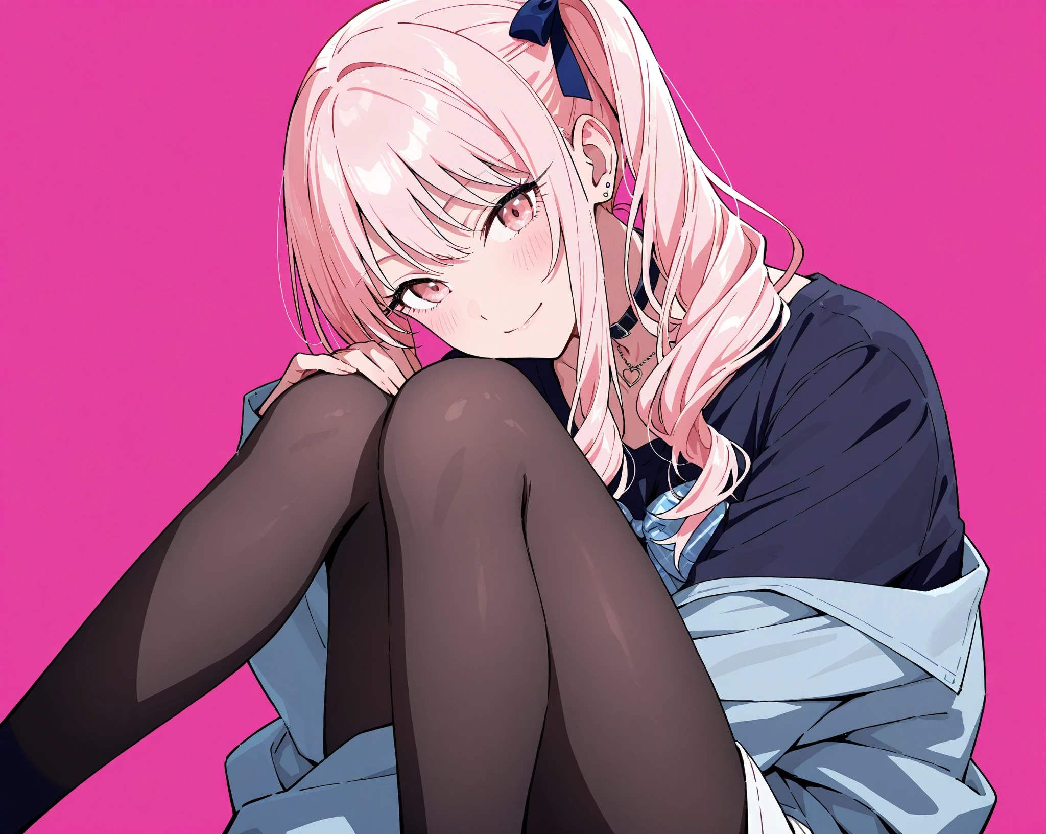 masterpiece、high resolution, hair band, One girl, alone,  hair band, choker, school uniform, Pink cardigan, bow, Pleated skirt, pantyhose, loafers, Sitting, sofa, curtain, From below, smile, Crossing your legs 、Focus on the face、 Provocative composition、Devil's Tail