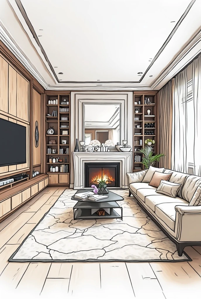 A stylish and classic room, with a classic wooden cornice, with a stylish wooden bookcase, with a fireplace, with two small chandeliers.
