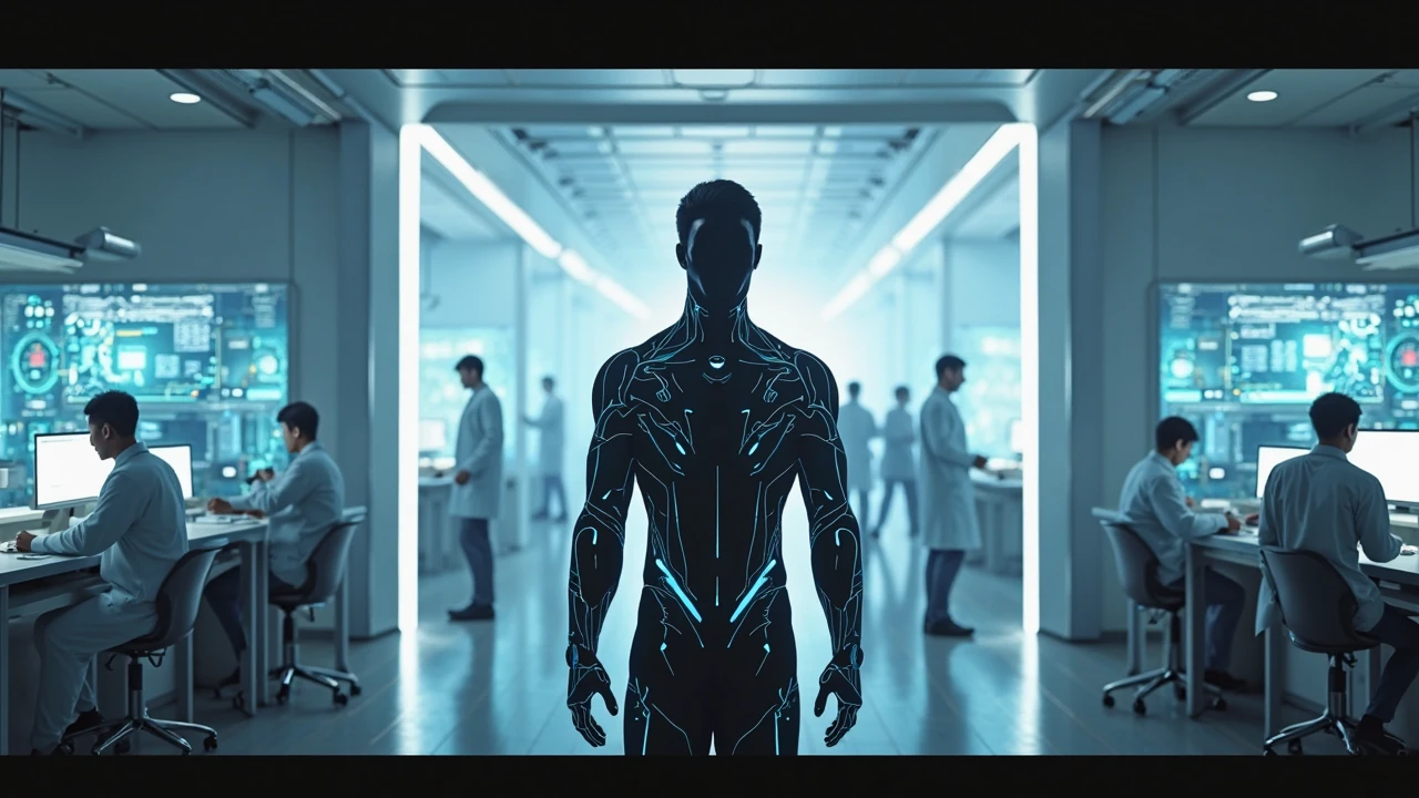 "Venom and Robocop are contained within a high-tech genetic research facility. The setting is dark and eerie, with dim lighting casting long shadows on the metallic surfaces. Venom, with his dark, muscular, and fluid-like form, is encased within a large glass cylinder on the left, tendrils of his symbiotic mass pressing against the transparent walls. On the right, Robocop, with his gleaming, silver metallic armor, stands motionless within a similar glass cylinder. Both cylinders are connected by complex wiring and machinery, with red and green lights blinking ominously. The background features advanced lab equipment, scientific monitors displaying data, and a faint mist that adds to the mysterious atmosphere."
