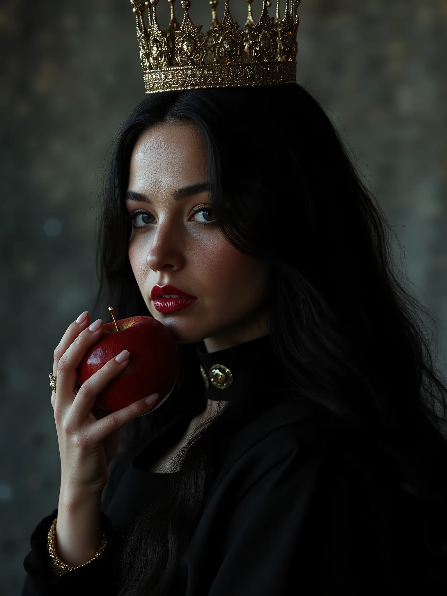 ((RAW Photo), absurd, (absurdresolution)), masterpiece, best quality, (Extremely detailed 8k unity CG wallpaper), (best illustration), (best shadow), Realistic lighting, beautiful detailed glow, ((21 years old)), girl, long black hair, black queen, accessories, apple in hand, poisoned apples, witch queen, red lipstick, (((Photographic Perspective of her)))