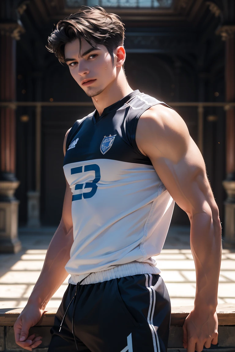 Boys on the track and field，sweat leggs，Photos during exercise，in track outfit，Run，Masculine，Exquisite facial features，virile，musculature，rich facial detail（（The crotch is raised））closeup cleavage