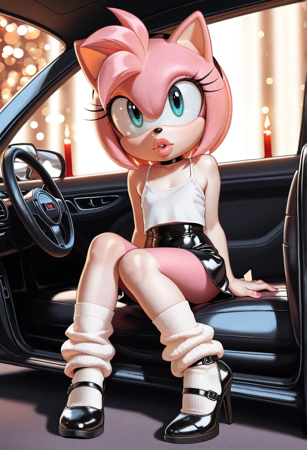monsg, ponytail, bangs, hair bobbles, green eyes, flat chest, insanely detailed, beautiful detailed face, beautiful detailed eyes, masterpiece, best quality, extremely detailed, high quality, highly detailed, nude, red hair, short girl, aged down, smile, flat chested, male chest, indoors, masterpiece, best quality, shiny white closed toe heel shoes, covered toes, diamond anklets, aroused expression, seductive, seductive eyes, seductive smile, car interior, sports car, her whole body is visible, glowing eyes, cityscape, night, night sky, legs, smooth legs, seductive pose