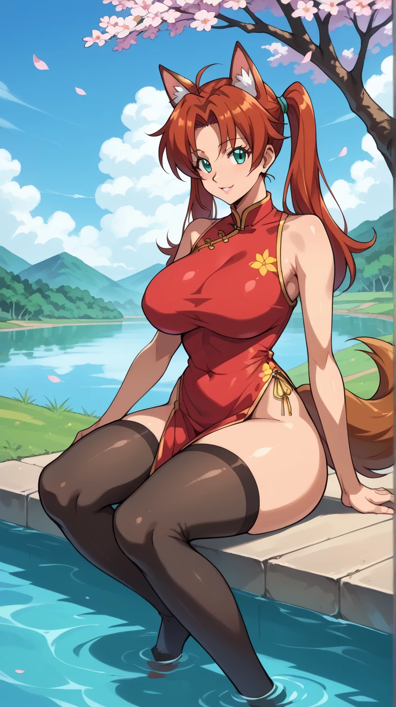 (Masterpiece: 1.5), (Best Quality: 1.5), Perfect Eyes, Perfect Face, Volumetric Lighting, 1 Woman, Mature Woman, (Whiteness: 5), fox ears, fox tail, orange hair, green eyes, massive breasts, massive cleavage, Japanese priestess, Japanese dress, barefoot, seductive smile, water, temple, sexy, wet clothes, wet skin, thick tights,