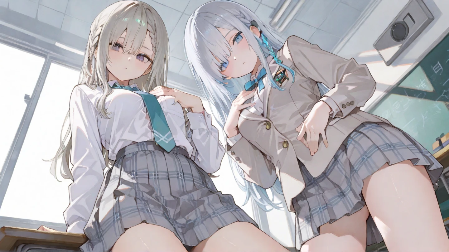 highest quality,masterpiece,((2 girls:1.5)),((smile:1.3)),(blush:1.3),((fun!!)),((Small breasts:1.5)),(night:1.5),Blonde, (Cardigan), ((naked:1.5)),Kamimei,look at me,((classroom)), Taking a break from watching the audience,Cowboy Shot,Light blue eyes,long hair,Glowing Eyes
