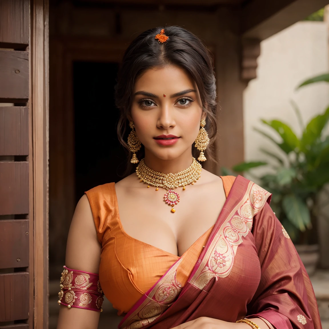 beautiful detailed eyes, beautiful detailed lips, extremely detailed eyes and face, longeyelashes, 1 woman, indian, saree, blouse, big breasts, slim body, lusty look, realistic, (best quality,4k,8k,highres,masterpiece:1.2),ultra-detailed,(realistic,photorealistic,photo-realistic:1.37),HDR,UHD,studio lighting,ultra-fine painting,sharp focus,physically-based rendering,extreme detail description,professional,vivid colors,bokeh,portrait, nipple, blouse, breastfeeding husband