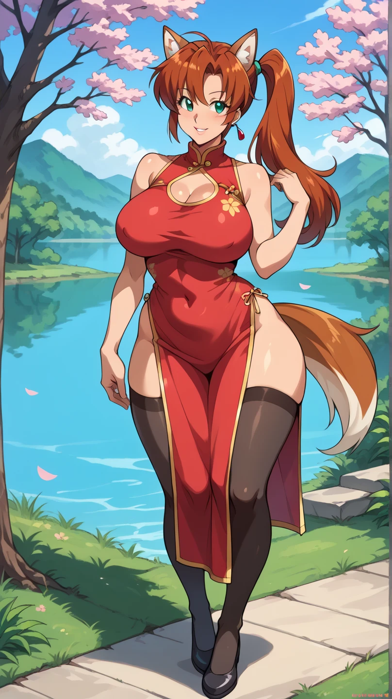 (Masterpiece: 1.5), (Best Quality: 1.5), Perfect Eyes, Perfect Face, Volumetric Lighting, 1 Woman, Mature Woman, (Whiteness: 5), fox ears, fox tail, orange hair, green eyes, massive breasts, massive cleavage, Japanese priestess, Japanese dress, barefoot, seductive smile, water, temple, sexy, wet clothes, wet skin, thick tights,