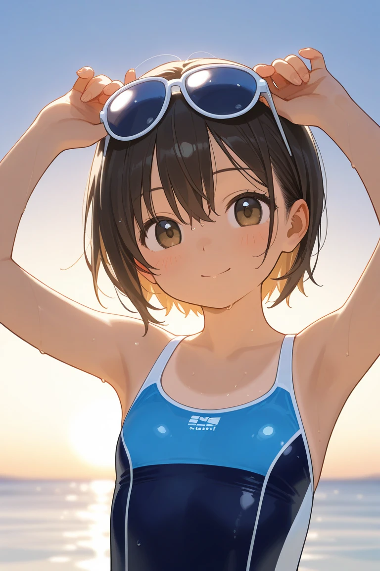 Swimming in the pool,smile,Brown eyes,1 ,Two-block shorthair,Black Hair,blush,Navy school swimsuit,White skin,summer,From below,shy,Sweat,Open your mouth wide,Wet,sun
