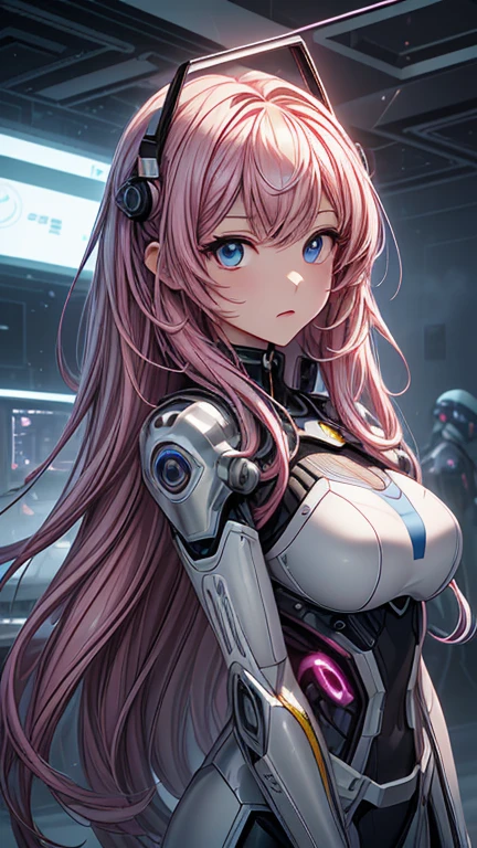 White solid color background、looking at the camera、masterpiece、Highest quality、Shiny body、Upper Body、Moderate bust、Big Ass、Android、Body line emphasis、Pink Suit、Black Hair、Hime cut
