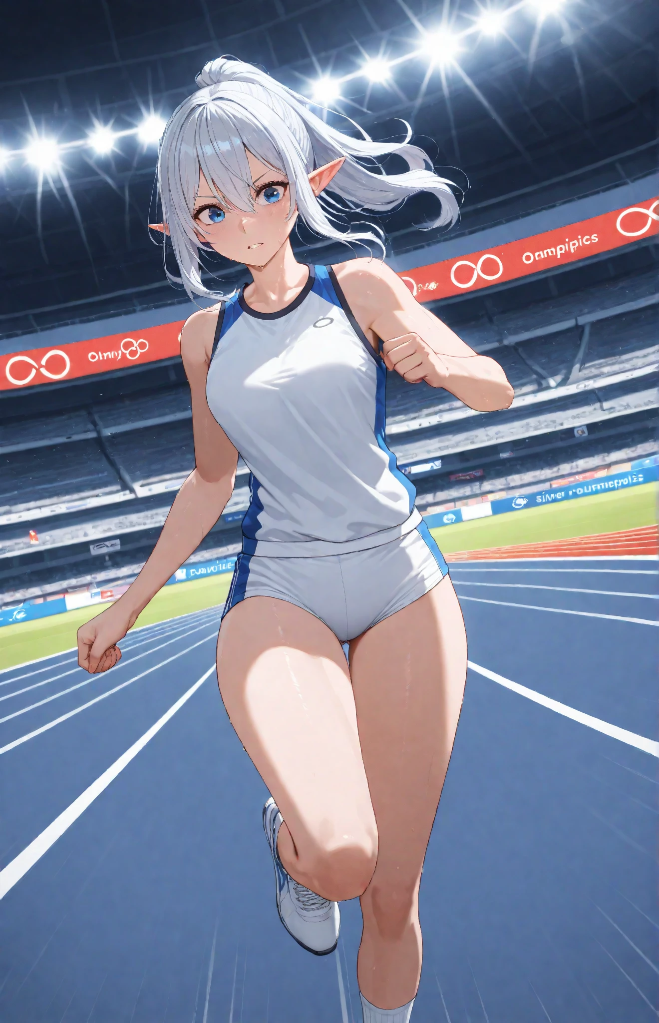 femele.(track and field). Light blue long hair、Twin-tailed、(World Athletics).(White Track Uniform:1.2), Sleeveless, (spectator seats).(Packed stadium).(Independent Track and Field Uniform).competition, Perfect hands, Thigh gap, Show belly, Running