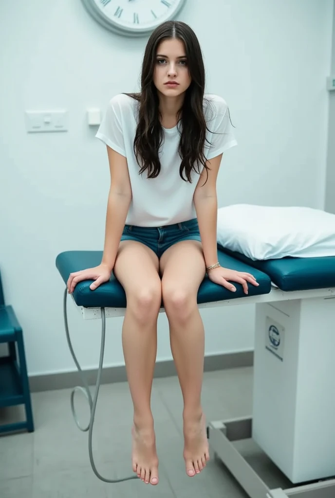 arafed woman kneeling on the floor with a black object in her hand, dressed in a white t shirt, wearing a white hospital gown, stood in a lab, at the hospital in patient gown, wet shirt, clothed in white shirt, 2 4 year old female model, in white clothes, close body shot, wearing a wet white short dress, arafed woman sweeping the floor in a school hallway, high school, sweeping, clean detailed, super clean, miranda meeks, katey truhn, puttin, rachel wall, clean, alana fletcher, crisp and sharp, maintenance, clean line, jenna barton, b - roll, clean composition, nice composition, very clean, majestic sweeping action, perfect detail,