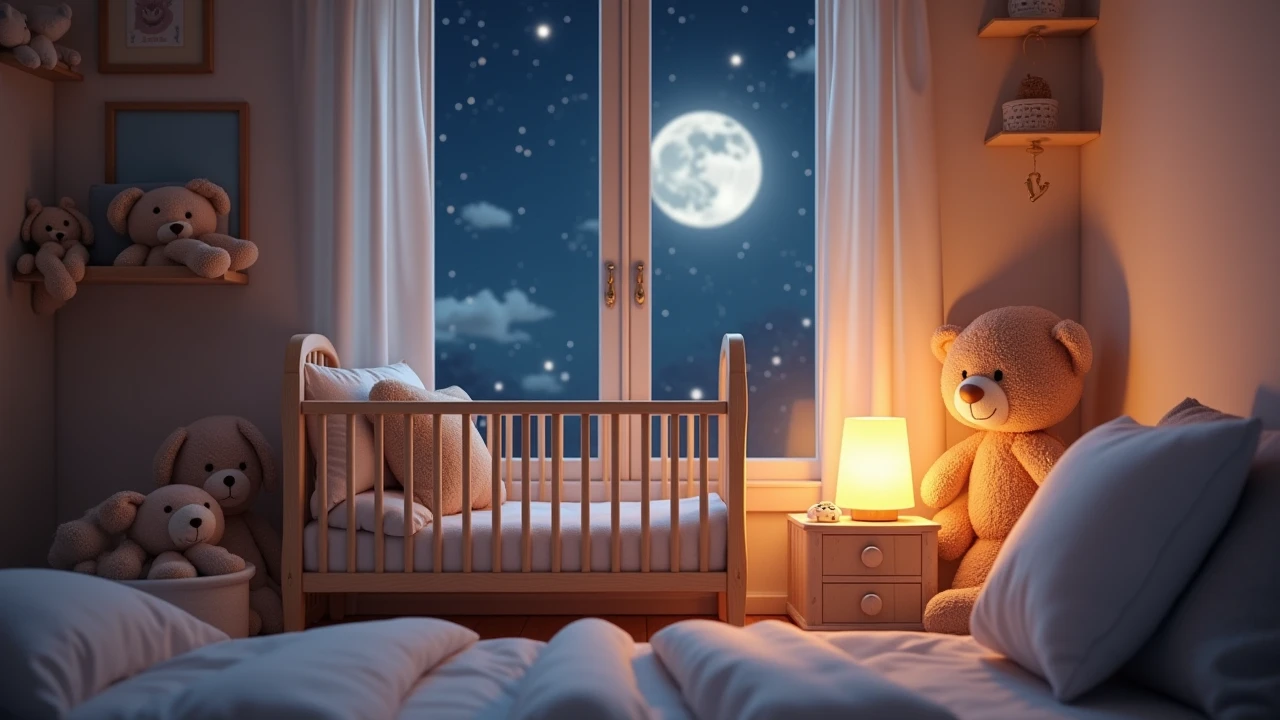Moon，Shine on the house，Little girl in the house，full moon，Cartoon style