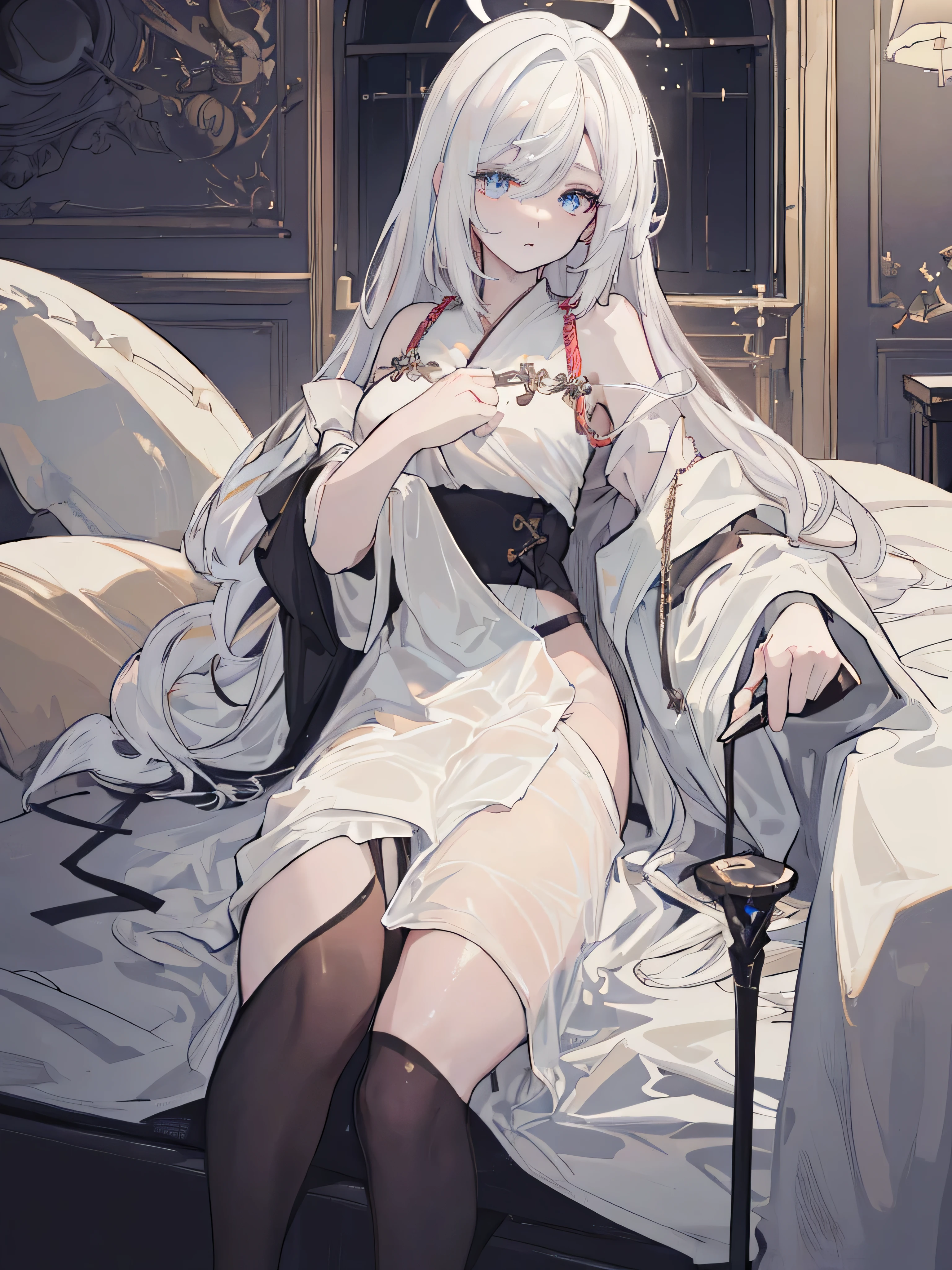 Fairy Tale Style,sleeping Beauty,A woman with big ,Beautiful princess,Silver long hair,Exquisite,(Super short),Lolita,Cleavage,Slim waist,pubic,blush,bedroom,