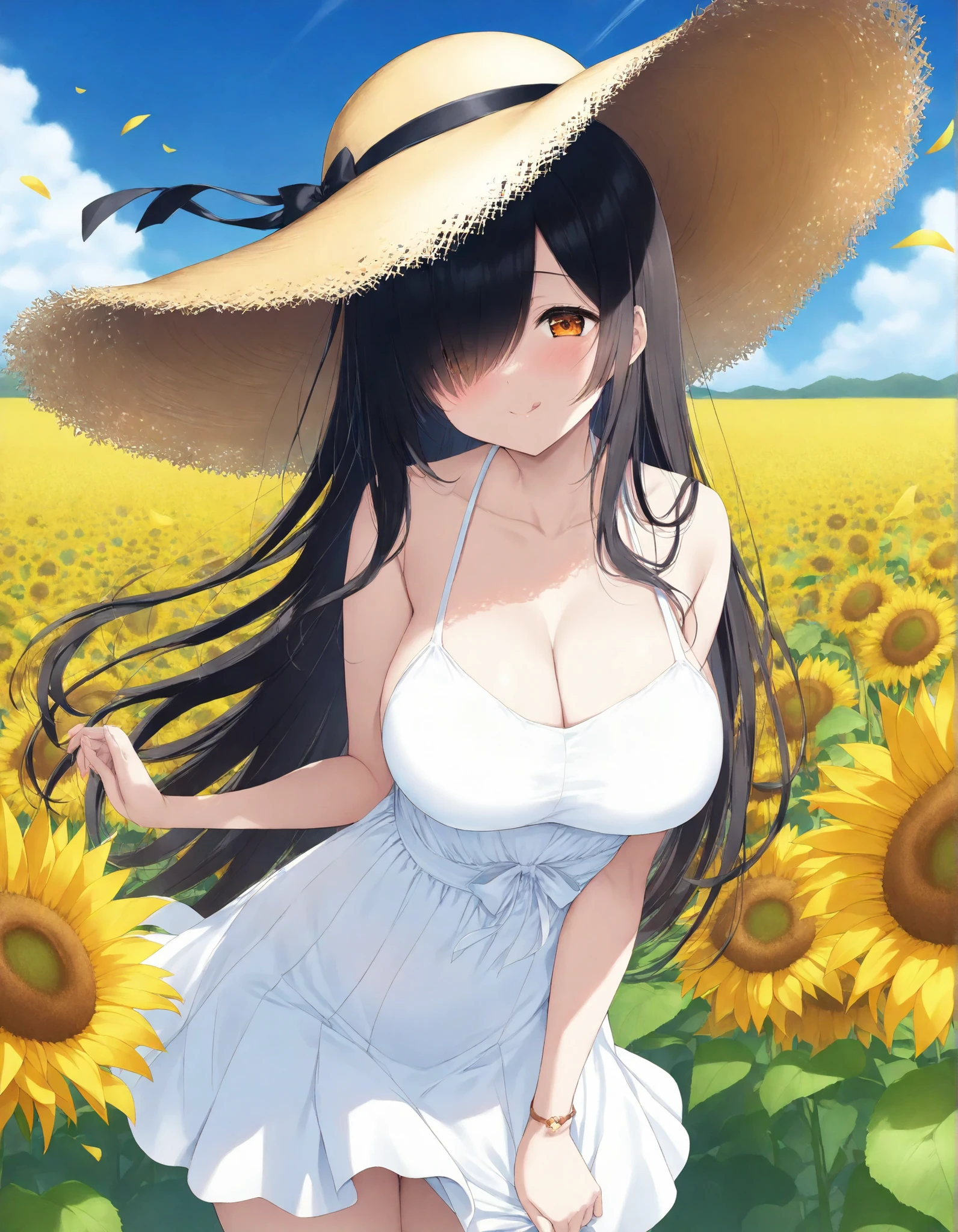 (tareme)、orange eyes,large Breasts、 black long hair、hair over one eye,white summerdress,short skirt,straw hat 、Obscene atmosphere、Many Hearts、anime style、selfy style,sunflower field,liftup skirt,sensual face