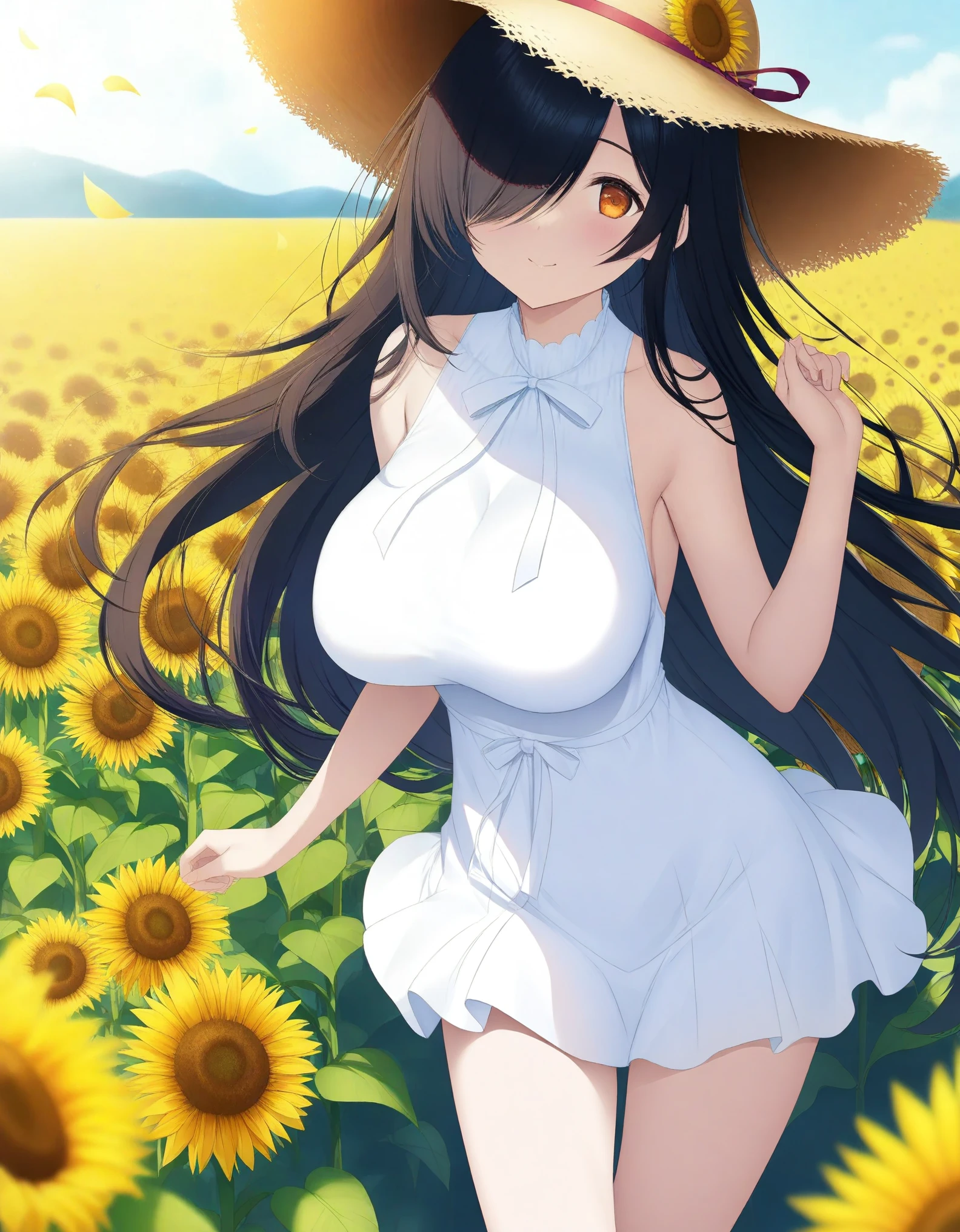 (tareme)、orange eyes,large Breasts、 black long hair、hair over one eye,white summerdress,short skirt,straw hat 、Obscene atmosphere、Many Hearts、anime style、selfy style,sunflower field,liftup skirt