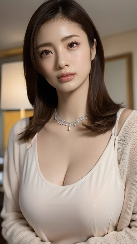 1girl, solo, breasts, jewelry, skirt, necklace, shirt, looking at viewer, indoors, long cleavage, short hair, bare shoulders, off shoulder, black shirt, standing, off-shoulder shirt, long sleeves, blue eyes, realistic, flower, lamp, black hair, pencil skirt, bangs, miniskirt, table, sagging breasts, lips, collarbone, vase, white skirt, brown hair, earrings, side slit, bob cut, white flower, huge breasts, closed mouth