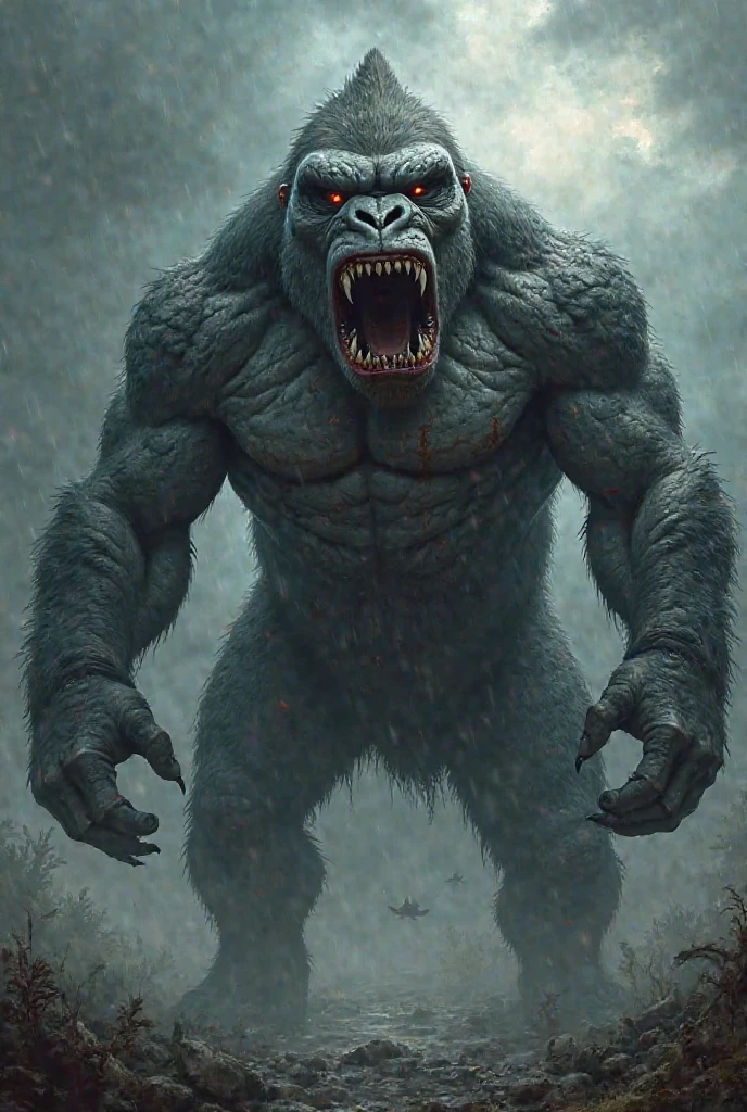 Gaint gorila and wolf fusion,danger animal formed and blood outside and standing over 10000 skull mask