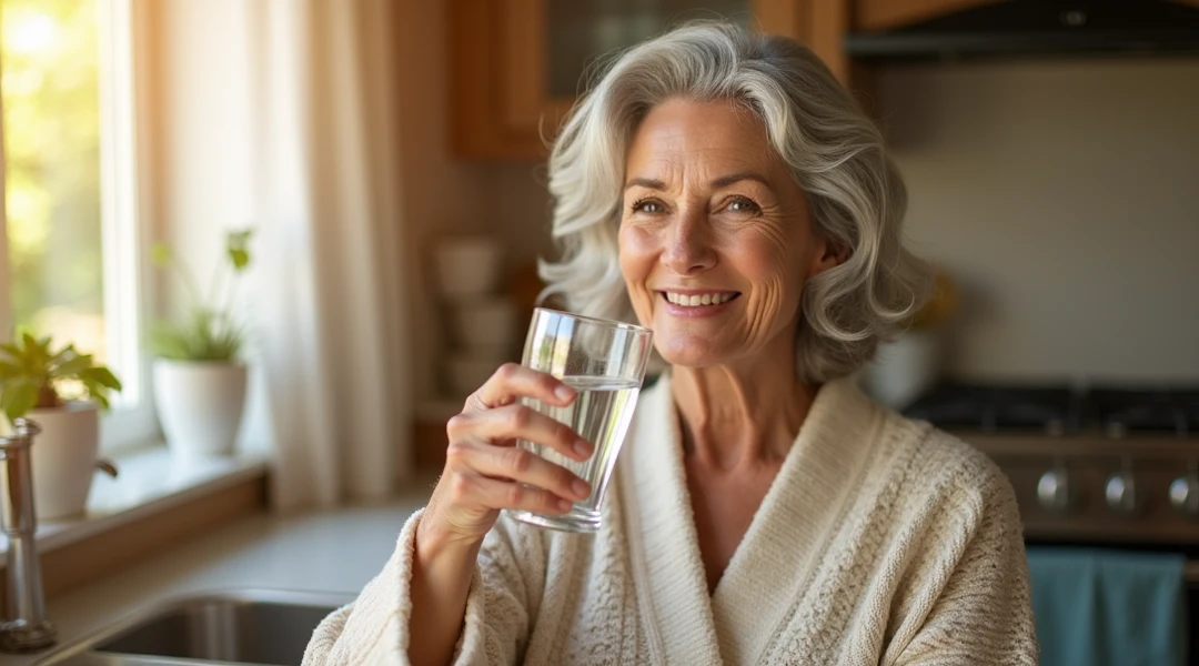 40-year-old Brazilian woman with no erotic appearance, blue t-shirt, drinking a glass of very cold water.