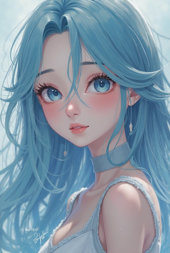 dark scenery, stars in the sky, female, close up, ocean eyes, light blue hair,