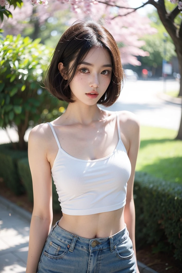 ((Best quality, 32K, Masterpiece :1.3)), Sharp focus :1.2, perfect figure beautiful woman:1.4, Slim abs:1.2, ((Layered Hair Style,)), (Tank top shirt:1.1 ), (the street:1.2), Highly detailed facial and skin texture, A detailed eye,（torn laundry：1.5）， Best Picture Quality,tmasterpiece,Ultra-high resolution,（fidelity：1.4）,photore， 1 girl，[（grieves）],white  shirt,dimly lit,darkly,be desperate,pitying,cinematic ligh,(torn laundry：1.5),exposed bare shoulders,Narrow eyes,Slanted Eyes,(Flat Chest),(Beautiful nipples),(Are thin),Slim figure,Pale pink underwear,