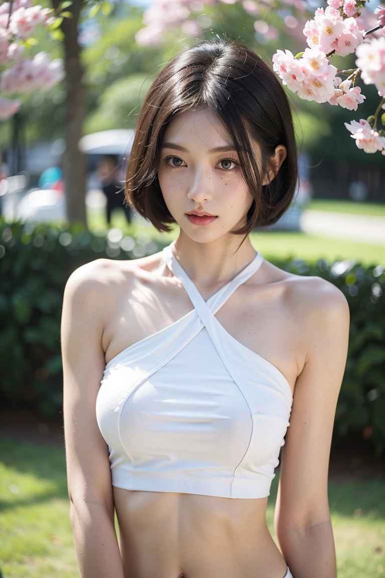 gravure photography, upper body photo of a girl in a white sheer fabric(short camisole), solo, ((hardnipples)), realistic(face, body, high detailed skin, skin pores), (big breasts:0.88), detailed brown eyes, blusher, black choker, earrings, (messy bob hair), (short pink hot pants), shiny pink lips, closeup, (smiling eyes:0.375), ((grinning:1.125)), depth of field, outdoors, blurred background, eye focus, (nsfw:1.16),