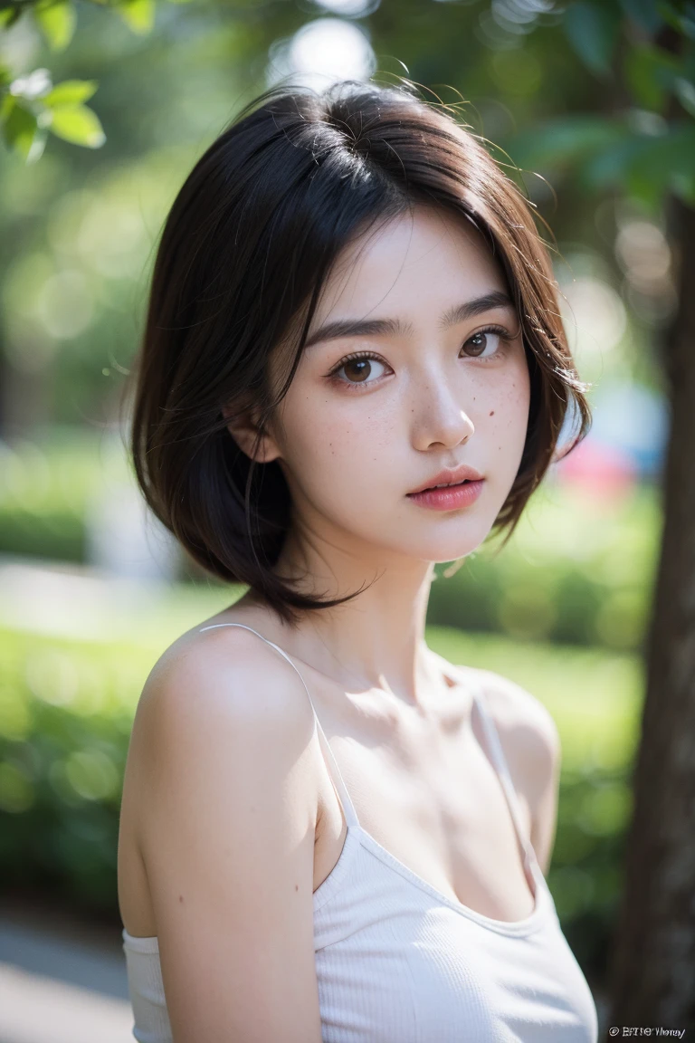 Highest quality、Japanese women、The most beautiful woman in the world、sexy、Blue-black hair color、Short Hair Style、Small face、Beautiful skin、Large breasts、Realistic、Black tank top