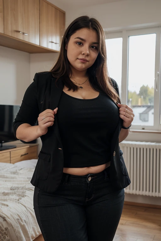 masterpiece, Highest quality, figure, Very detailed, Fine details, High resolution, 8K,wallpaper, Perfect dynamic composition, Full body photo, Arms crossed, (Detailed high quality, Realistic depiction of eyes:1.3), 20-year-old girl, Cute type, Black hair color, inonesian Makeup, Big Natural Color Lip, Thick thighs, Perfect figure, Plump figure, champion grey sweatshirt, Denim shorts, Leather Belt, necklace, Earrings、smile、