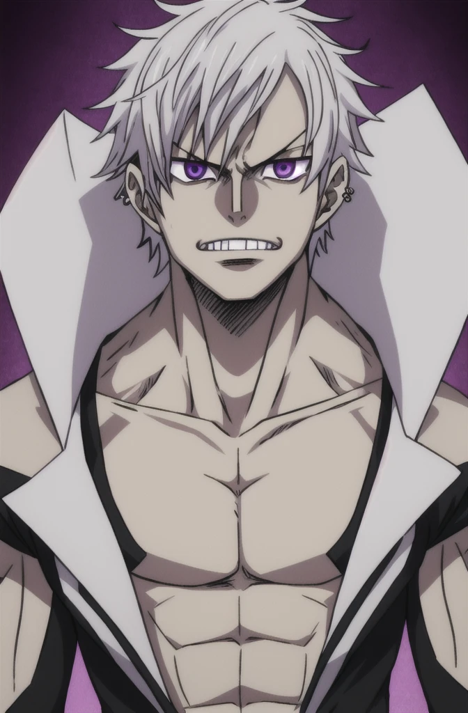 Demon Slayer Swordsman, (sanemi shinazugawa), un hombre musculoso de aspecto imponente, pale skin, albino, white hair spiky and wild and disheveled looking with one strand of hair in the center and another on one side of the face, cicatrices horizontales en la cara, ojos grandes de color morado claro, manic expression, sonriendo con los ojos muy abiertos, lleva puesto el uniforme de asesino de demonios sin abotonar, showing his muscular torso and the numerous scars he has on his body, abdominales marcados, lleva puesta una chaqueta haori blanco, (demon slayer), (kimetsu no Yaiba), cicatrices grandes en la cara, mirada asesina aterradora, aspecto desafiante, actitud violenta, boca abierta sonreiendo ampliamente, sonrisa amplia, Smile showing teeth