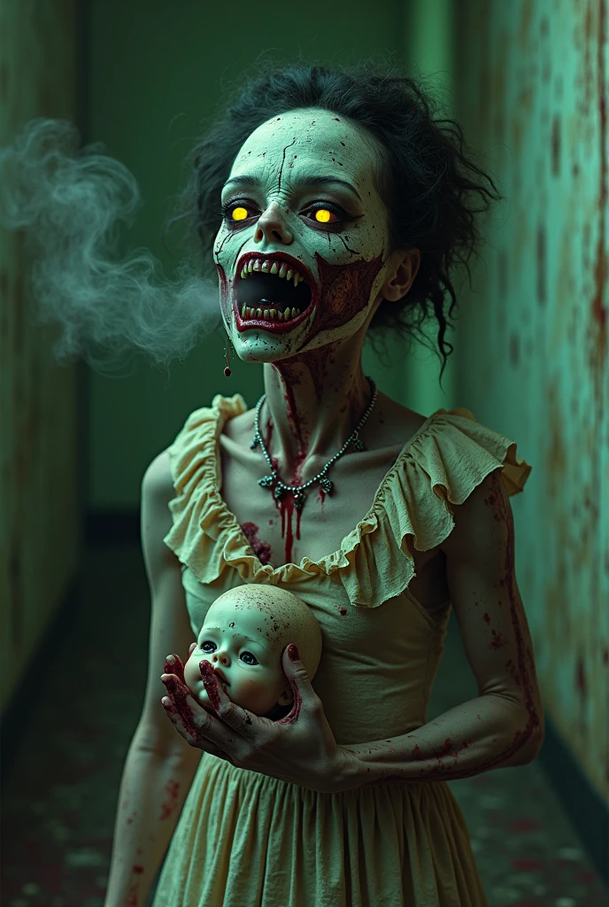 A young woman is trapped in a school with a cursed doll. she has a knife in her hands. She is (terrified and desperate:1.1) as she tries to (escape:1.2) from the doll,The doll is a (creepy and twisted:1.1) version of her best friend,who died in a car accident.,
BREAK
The school is (dark and bloody:1.1),and there are some corpses,traps,and messages on the walls. The scene is (horrifying and gruesome:1.1),
dark backlighting,cinematic lighting,dark atmosphere,