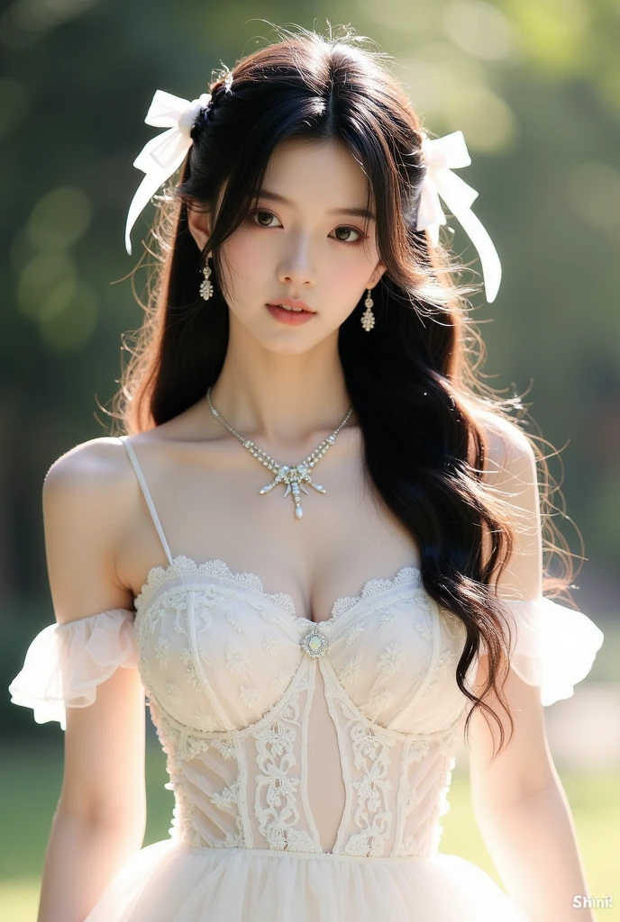 best quality、tmasterpiece、ultra high resolution、actual、1 girl、Glossy skin、((Surreal detailed))、Global photo、8K、Highly complex details、shinning eyes、Black straight hair、highkey、pureerosfaceace_v1、A smile、Elegant pose、plump breasts、White ultra-thin transparent lace、Lots of flowers in the background