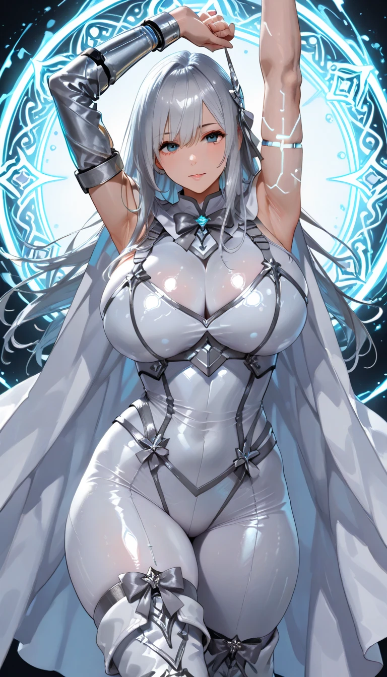 (masterpiece),((Highly detailed long silver hair)),((expressive blue eyes)),(Highly detailed white dress),deep cleavage,serious expression,extremely beautiful woman,pale white skin,silver jewelry,best quality,cel shading,8K ,ultra HD,highly detaild face, highly detaild eyes,flat color,(fullbody angle),high contrast,ufotable art style,contrapposto,white background