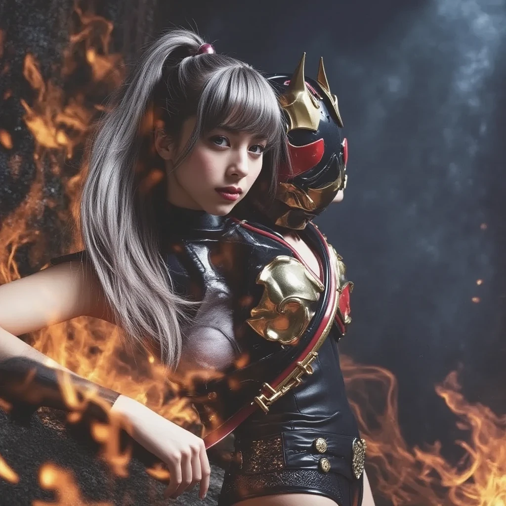 (disorganized), (intricate details), (very detailed), (looking at the viewer), (masterpiece:1.2),(highest quality:1.2),
(girl), (shiny skin:1.2), cinematic, (cowboy shot), Japan 1 woman、solo、villain、professional wrestler、(Pro wrestling)、Jushin Thunder Liger costume、Fighting spirit、villain、black boots、Black long tights、face paint、has a wwe belt