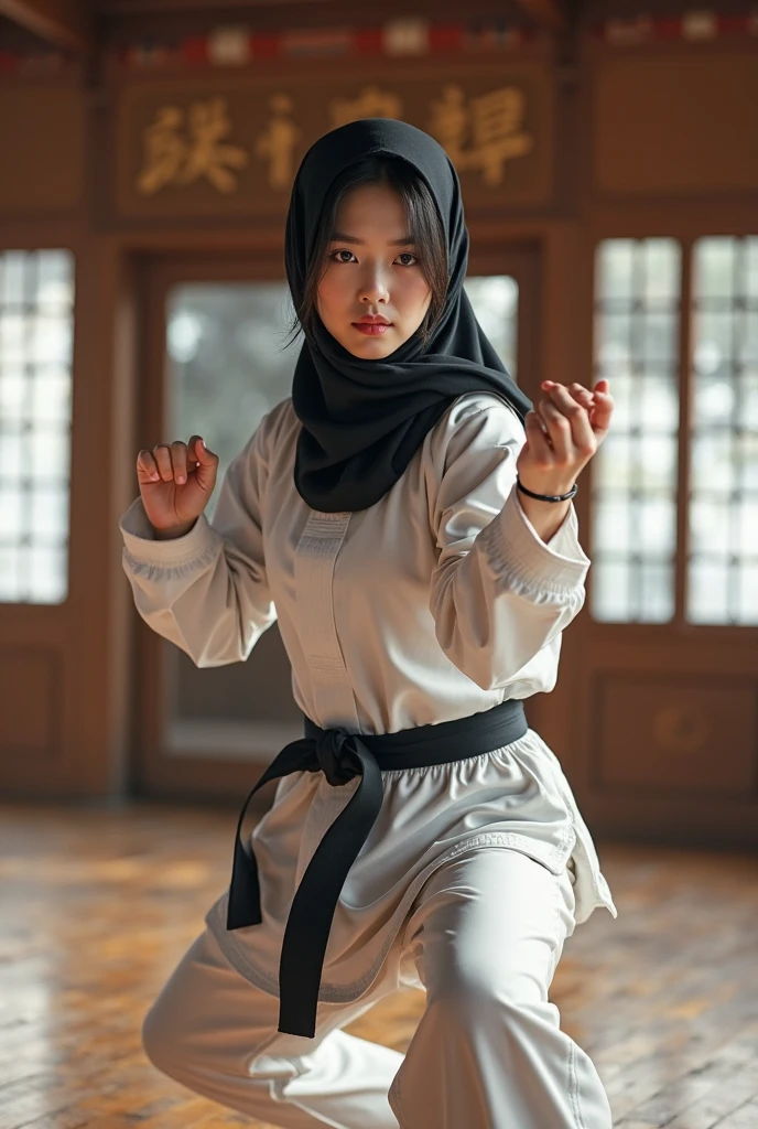Create an image of a Malay girl in hijab practicing martial arts, showcasing her discipline and skill in a dynamic and empowering pose