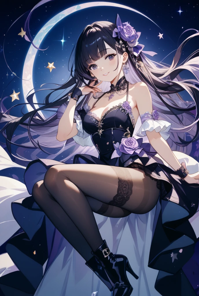 Highest quality,Highest Resolution,A beautiful smiling girl in rainbow-colored bunny girl clothes,Bedroom,High leg,Thigh-high stockings,Night view outside the window,whole body,front,