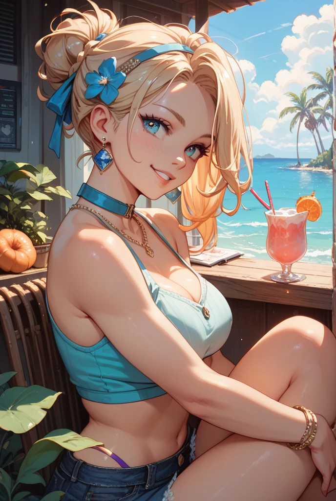 Classical painting, sunset,Coffee shop,Woman in swimwear,smile,Brightly colored bikini,necklace,Earrings,bracelet, alone,Beautiful Face、Lively Faces、40 years old、Sex appeal in adult women,bionde,bionde,Short Bob,Beautiful hairstyle、 Realistic Skin、Beautiful Skin、Narrow shoulders,charm,whole body,detailed,Realistic,Realistic,Backlight、Soft Light、Swimwear,(Sergeant's Oil Painting)、(Highest quality、masterpiece)、anatomicaly ,Slightly large chest(D cup),Wide-angle shot, Vast background,far and near method, Sitting on a chair,Ghibli-style colors, figure, Staring out the window,Drinking tropical juice,A playful look with a straw in his mouth,Portrait Photography, cocktailworld,