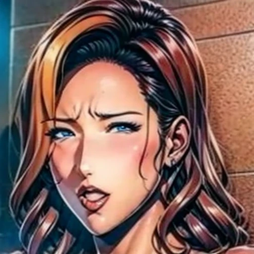Masterpiece, best quality, Masterpiece, best quality, 1 woman, wavy brown hair, sunglasses , sly face , naked , abdomen, big breasts , , stand on your hips , wall , tunnel , nighttime