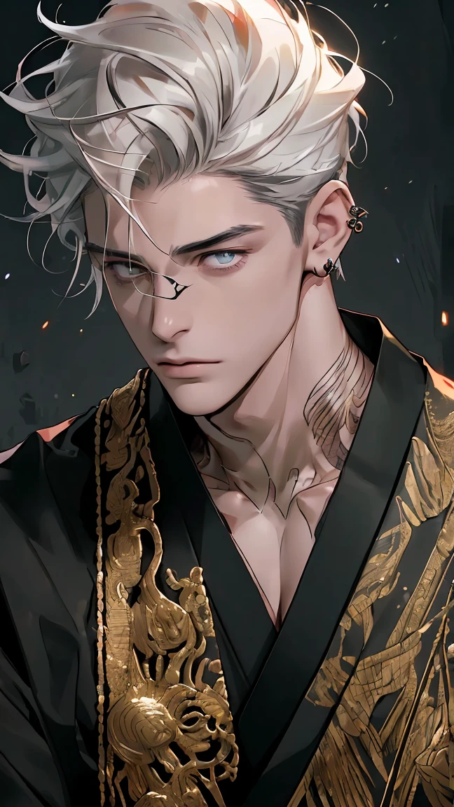 8k, raw photos, best quality, masterpiece:1.4, ultra-high resolution, ultra-detailed, lamplight, close-up cleavage, handsome men, gold eyes, detailed eyes:1.2, the eyes are bright:1.2, medium long red hair, pale-skinned, ear piercings, dark, black clothes, meticulous clothes, gold accessories on clothes, perfect anatomy:1.2, high quality shadow, natural lighting, white highlights:1.2, natta, overcast day, arm tattoos:1.2, starrysky:1.2, masterpiece, high quality, best quality, hd, realistic, perfect lighting, detailed body, 1 man, dark white hair, face expression, black military suit, in the cave
