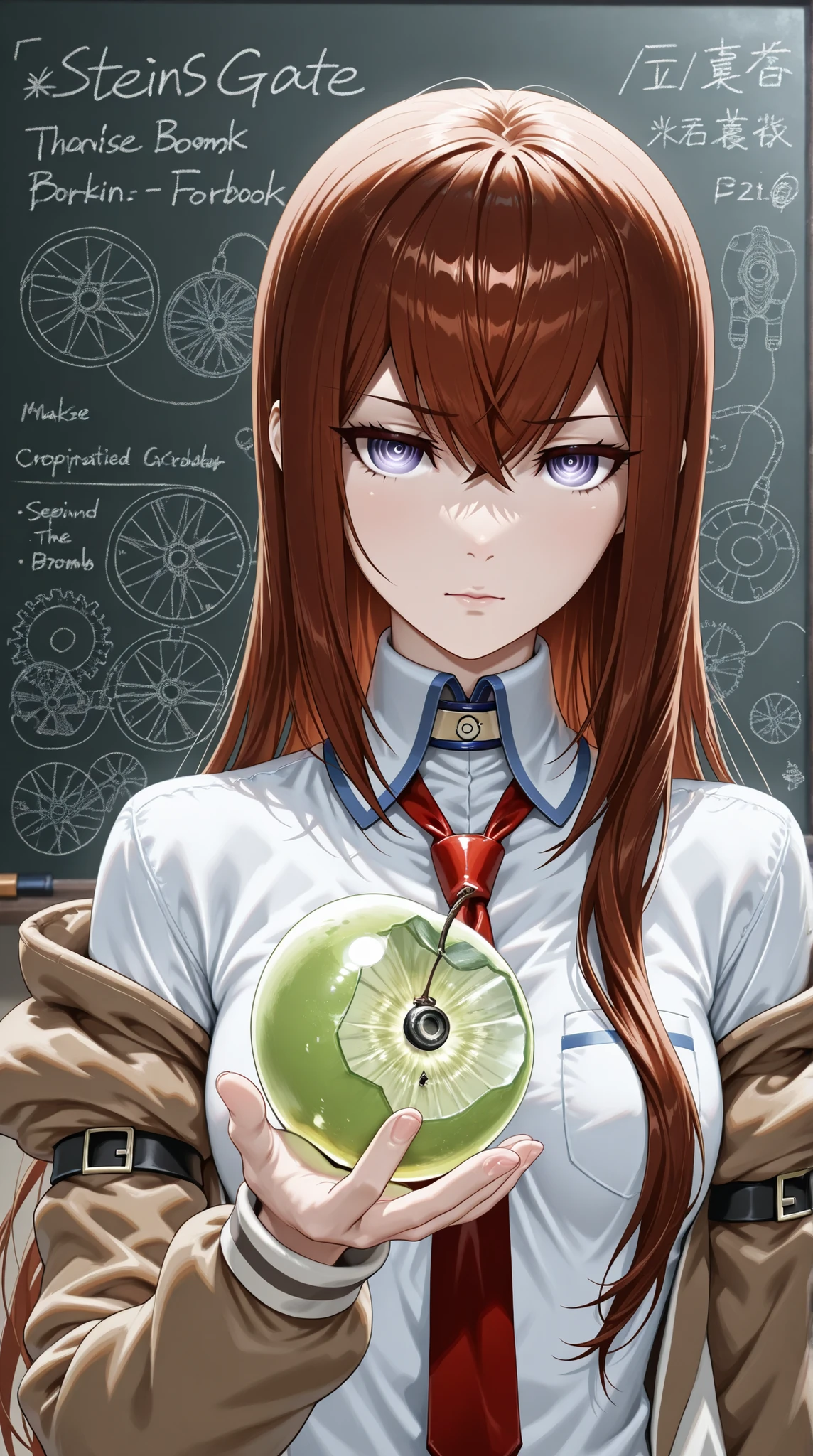 Break,(Steins Gate, Makise Kurisu:1.2,shirts,white labo coat,female,confident look ),real skin texture ,break,(Newly developed Transparent-Fruit-bomb, The Transparent fruit-shaped bomb with sophisticated mechanical parts inside),(Complicated formula,数式 on blackboard,break