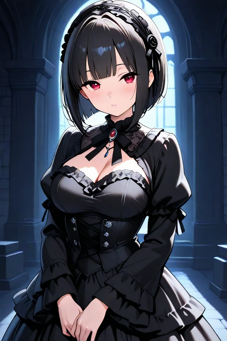 absurdres, RAW photo, extremely delicate and beautiful, masterpiece, Best Quality, ultra high resolution, 32k, hyperrealistic, ultra-detailed, perfect figure, in her 20s, very small head, very small face, delicate facial features, tearful mole, earring, huge breasts, full body shot, medium hair, black hair, intricate Romantic Victorian Gothic Outfit,