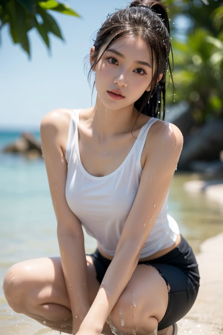 (Extremely meticulous CG),(((8k))),wallpaper,((Extremely refined and beautiful)),(((Masterpiece))),(((best qualtiy))),(((Ultra High Resolution))),realistic shaded,(Smooth and flawless fair skin:1.5),(Extremely exquisite facial details:1.2),(ultra-detailed:1.5),((a beautiful girl,solo)),(White baseball cap:1.5),(short ponytail:1.3),(wet hair:1.5),(small head:1.2),(slender face:1.2),(Exquisite makeup:1.3),(happy:1.2),(laughing:1.2),(perfect body:1.1),(wet:1.5),(sweat:1.3),(shiny skin:1.5),(strapless white bra:1.3),(small breasts:1.3),(flat chest:1.2),((slim,thin)),(from front:1.3),(standing:1.3),(at the schoolgate:1.5),(urban landscape:1.3),(outdoor:1.3),(summer:1.3),(day scene:1.3),(dark lighting:1.5),(cloudy:1.5),(rainy:1.3),(overcast:1.5),(close-up of face:1.3),(surrounded by crowded crowds:1.5)