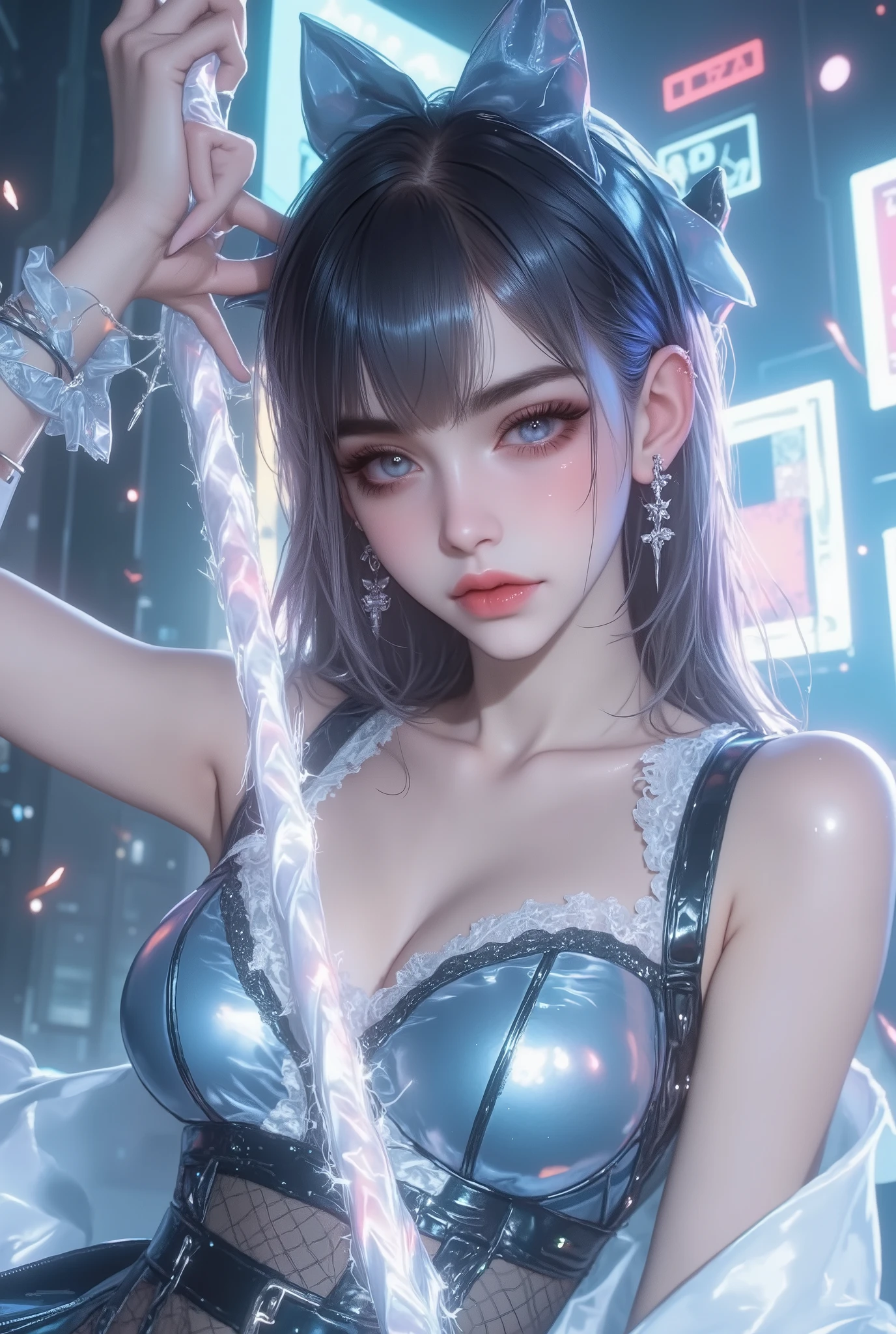 An anime girl posing for photos on a blurred dark background f1.2. Masterpiece, (Natural Blue Eyes) ultra HD, 8k, photography style, sexy, 100% realistic textures. Cool colors like movie at night,  cinematic, best quality, professional realistic photography style. 