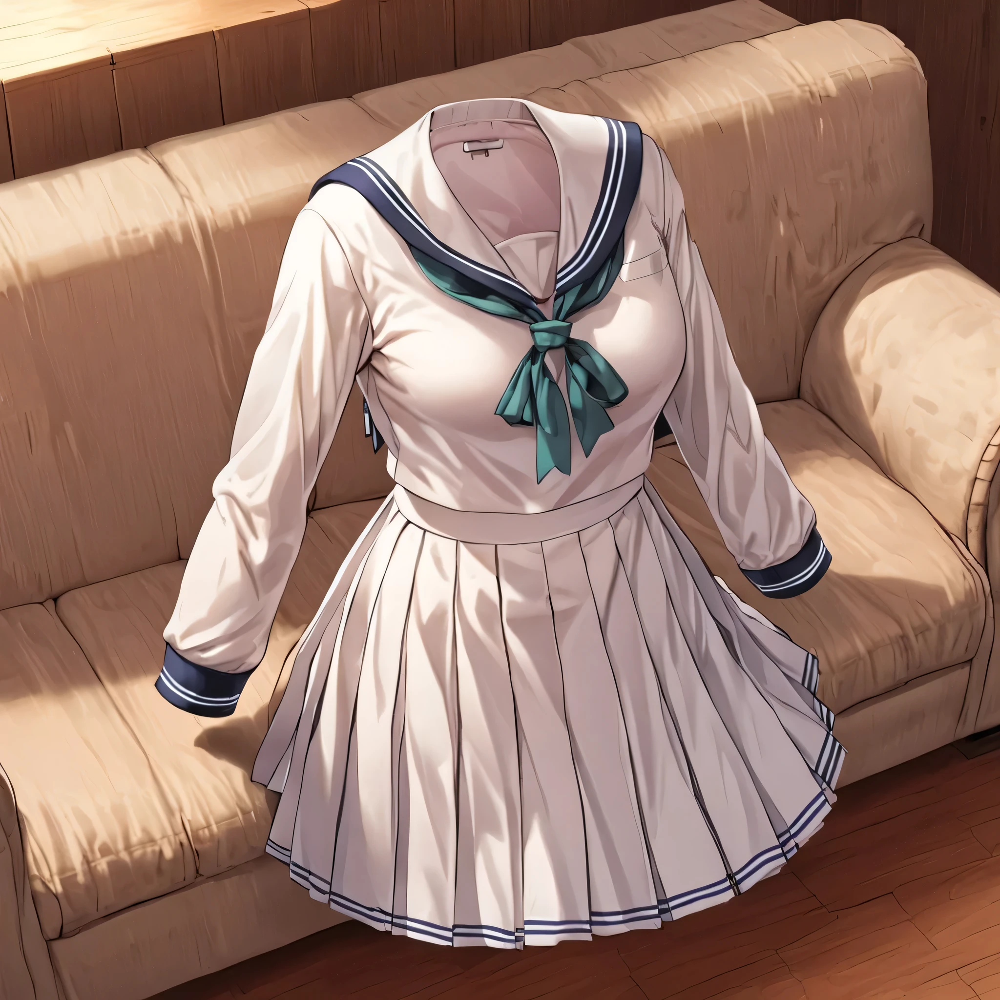 (invisible:1.5, no humans:1.5, headless:1.5, faceless:1.5), (sailor school uniform, long sleeve, on sofa:1.2), (big breast), detailed cloth texture, detailed anime, super fine illustration