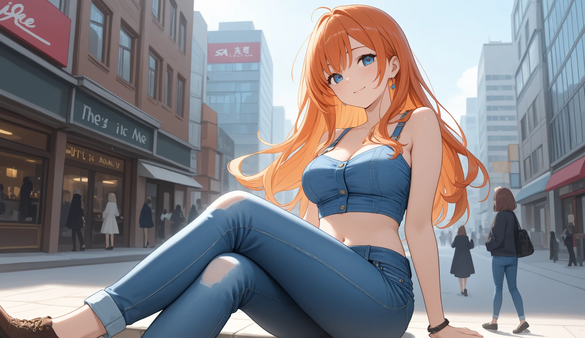 The girl is wearing jeans and a denim top. She is sitting in the city.